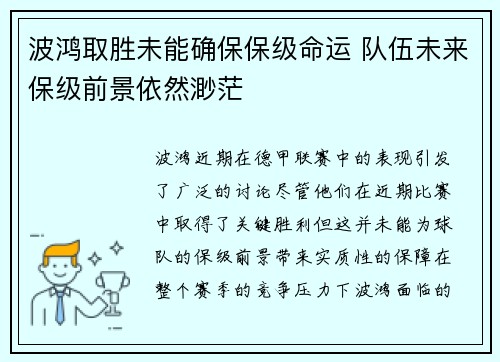 波鸿取胜未能确保保级命运 队伍未来保级前景依然渺茫