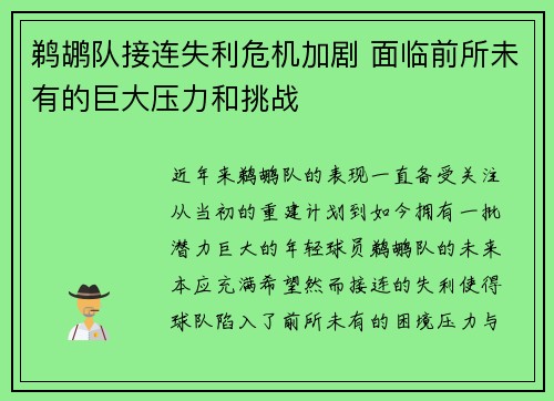 鹈鹕队接连失利危机加剧 面临前所未有的巨大压力和挑战