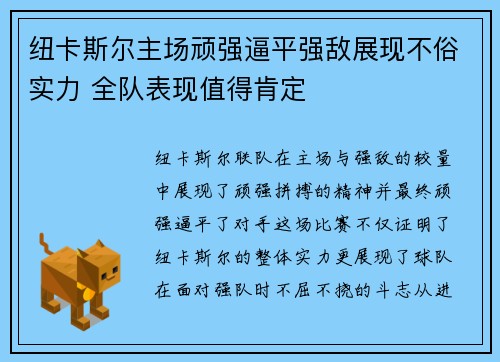 纽卡斯尔主场顽强逼平强敌展现不俗实力 全队表现值得肯定