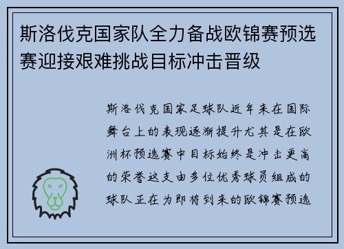 斯洛伐克国家队全力备战欧锦赛预选赛迎接艰难挑战目标冲击晋级