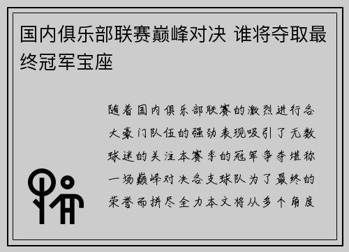 国内俱乐部联赛巅峰对决 谁将夺取最终冠军宝座
