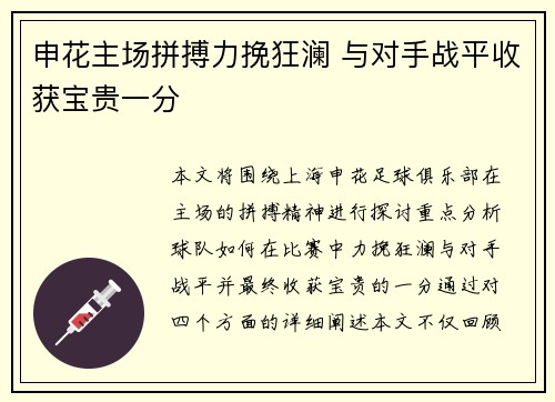 申花主场拼搏力挽狂澜 与对手战平收获宝贵一分