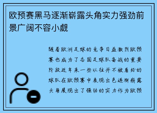 欧预赛黑马逐渐崭露头角实力强劲前景广阔不容小觑